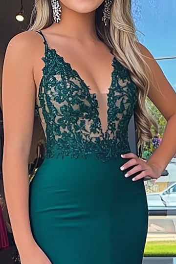 paillettes vert foncé sirène spaghetti bretelles satin longue robe de bal avec appliques